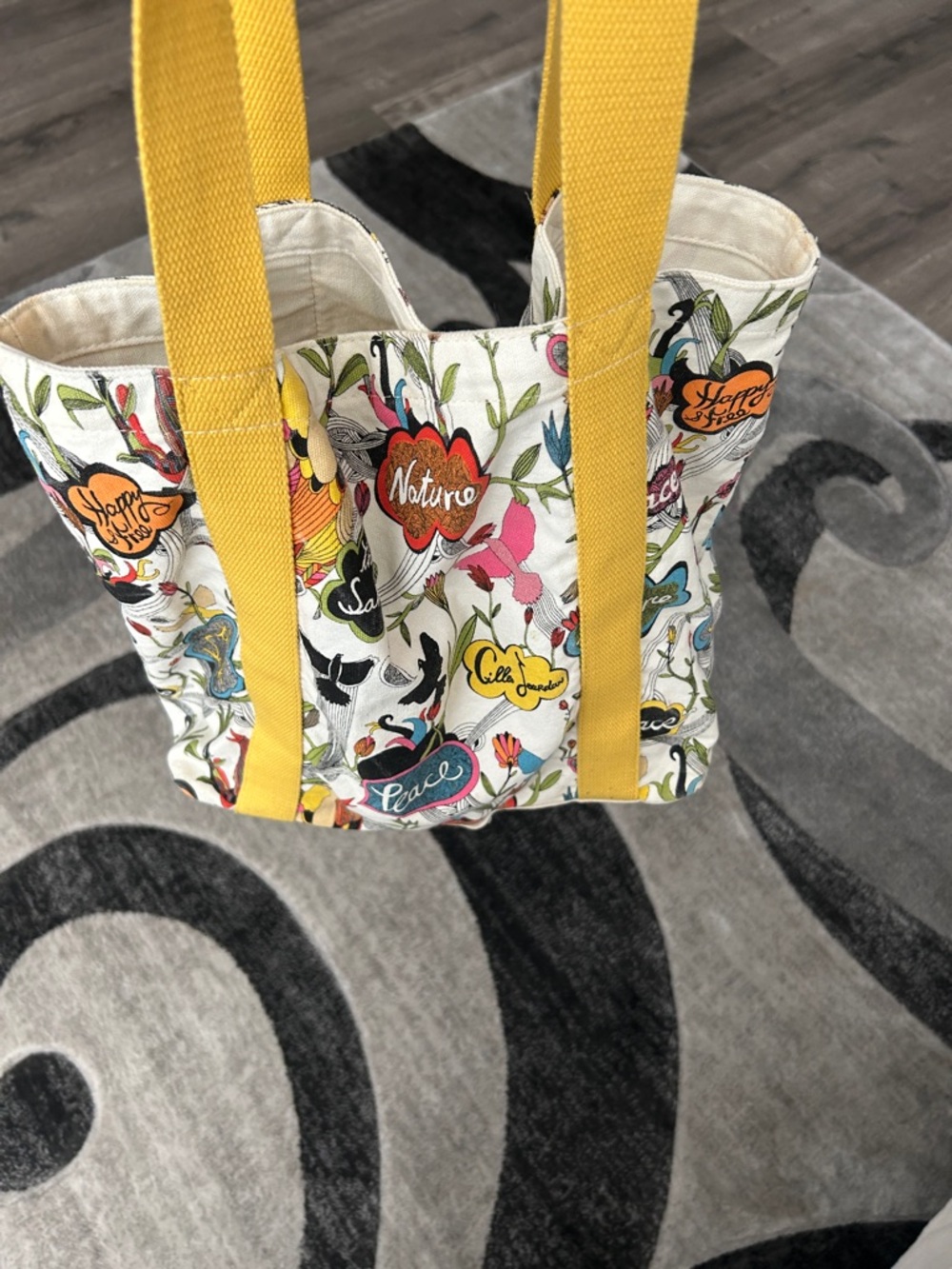 Nature-Themed Canvas Tote Bag with Yellow Handles